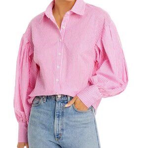 AQUA Striped Puff-Sleeve Button Down Shirt